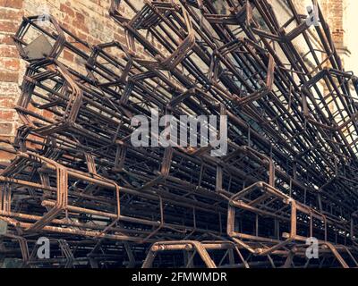 Steel reinforcement rods. Rusty rebar, close up. Industrial background Stock Photo