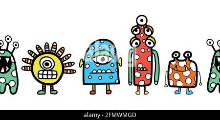 Kids border cute alien monster robot seamless vector. Repeating horizontal pattern for children. Banner design for fabric trim, card decor, Halloween Stock Vector