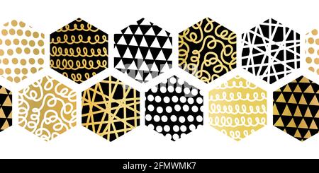 Hexagon patchwork border gold white black seamless vector pattern. Horizontal Repeating hexagonal tiles abstract geometric background with metallic Stock Vector