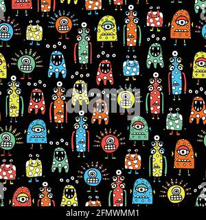 Cute Aliens monsters seamless pattern vector black. Funny Childrens repeating background with funny characters for fabric design, wallpaper, wrapping Stock Vector