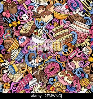 Cartoon doodles Desserts seamless pattern. Stock Vector