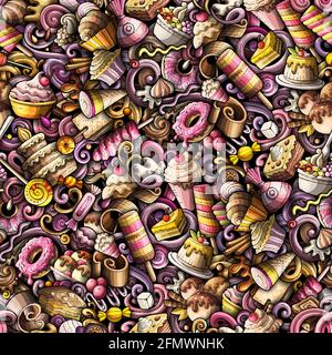 Cartoon doodles Desserts seamless pattern. Stock Vector