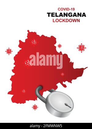 Telangana lockdown preventing covid19, corona virus epidemic and outbreak. Lockdown concept Telangana map with locker. vector illustration design Stock Vector