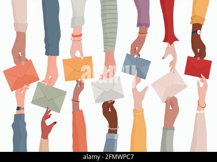 Arms of diverse people holding an email as a concept of electronic mail information and sharing online.Send and receive messages. Colleagues. Team Stock Vector