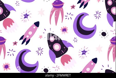 Seamless childish cosmos pattern with stars, moon, shuttle and satellite on white background. Vector cartoon texture of the universe with dots. Vector Stock Vector