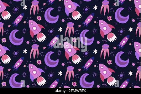 Seamless childish cosmos pattern with stars, moon, shuttle and satellite on dark violet background. Vector cartoon texture of the universe with dots. Stock Vector