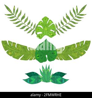 Set of spacers with tropical leaves with folk pattern. Vector natural design element. Vector hand drawn flat foliage text delimiters with decoration f Stock Vector