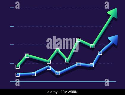 Abstract financial graph with two arrows going up. Modern design Green and blue 3d graphics on a dark background. Business competition concept. Vector Stock Vector