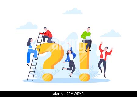 Q and A or FAQ concept with tiny people characters, big question and exclamation mark. Stock Vector
