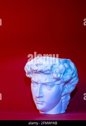 Gypsum statue of David's head. Michelangelo's David statue plaster copy. Stock Photo