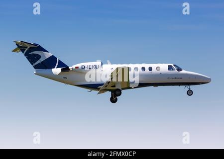 Memmingen, Germany – June 18, 2017: Excellent Air Cessna 525A Citation CJ2 airplane at Memmingen airport (FMM) in Germany. Stock Photo