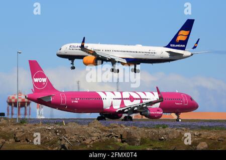 Reykjavik, Iceland – 02. July 2017: WOW Air Airbus A321 and Icelandair airplanes at Keflavik airport (KEF) in Iceland. Airbus is an aircraft manufactu Stock Photo