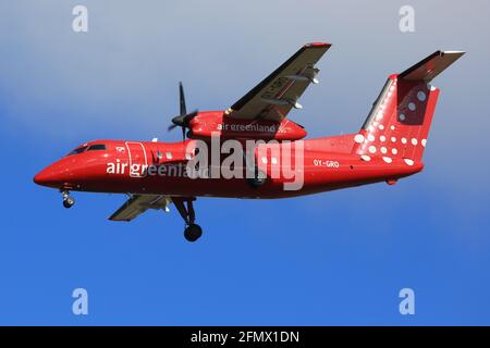 Reykjavik, Iceland – 02. July 2017: Air Greenland Bombardier DHC-8-200 at Keflavik airport (KEF) in Iceland. Stock Photo