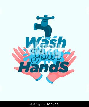 Personal hygiene vector poster. Two hands with water and lettering concept healthy lifestyle. Wash your hands poster flat vector illustration. Stock Vector