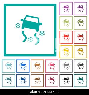 Snowy road dashboard indicator flat color icons with quadrant frames on white background Stock Vector