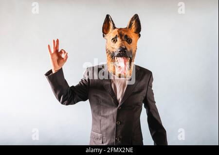 https://l450v.alamy.com/450v/2fmx2ne/a-young-man-wearing-a-latex-dog-head-mask-posing-at-the-camera-doing-ok-symbol-2fmx2ne.jpg