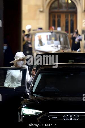 Camilla, Duchess of Cornwall, leaving the Palace of Westminster, wearing a face mask, after the State Opening of Parliament, 11th May 2021 Stock Photo