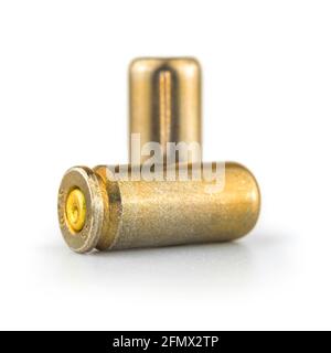 9mm pistol bullet on white background, close up and high detailed photo Stock Photo