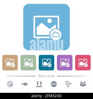 Cloud image white flat icons on color rounded square backgrounds. 6 bonus icons included Stock Vector
