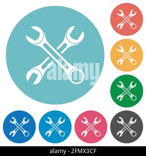 Two wrenches flat white icons on round color backgrounds Stock Vector
