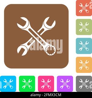 Two wrenches flat icons on rounded square vivid color backgrounds. Stock Vector