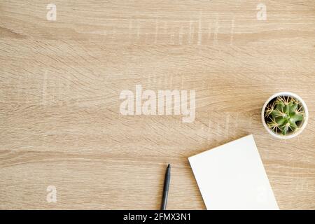 Close up composition: blank page notebook planner, pen and green cactus house plant with spikes on wooden table with visible wood texture pattern. Bac Stock Photo
