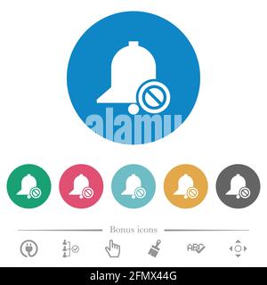 Disable reminder flat white icons on round color backgrounds. 6 bonus icons included. Stock Vector