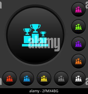Winner podium with trophy cups dark push buttons with vivid color icons on dark grey background Stock Vector