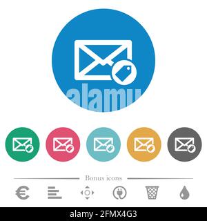 Tagging mail flat white icons on round color backgrounds. 6 bonus icons included. Stock Vector