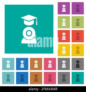 Distance learning multi colored flat icons on plain square backgrounds. Included white and darker icon variations for hover or active effects. Stock Vector