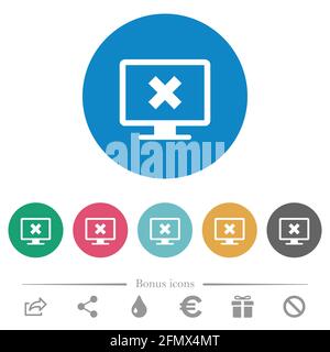 Cancel display settings flat white icons on round color backgrounds. 6 bonus icons included. Stock Vector