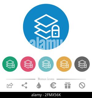 Locked layers flat white icons on round color backgrounds. 6 bonus icons included. Stock Vector