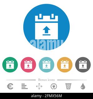Upload schedule data flat white icons on round color backgrounds. 6 bonus icons included. Stock Vector