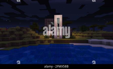 Minecraft Game – May 11 2021: Sample of Modern house design in Minecraft Game 3D illustration. Editorial Stock Photo