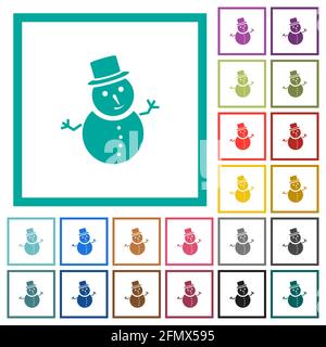 Snowman flat color icons with quadrant frames on white background Stock Vector