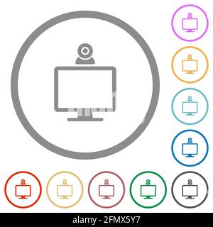 Monitor with webcam flat color icons in round outlines on white background Stock Vector