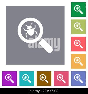Bug tracking flat icons on simple color square backgrounds Stock Vector
