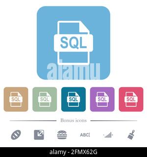 SQL file format white flat icons on color rounded square backgrounds. 6 bonus icons included Stock Vector
