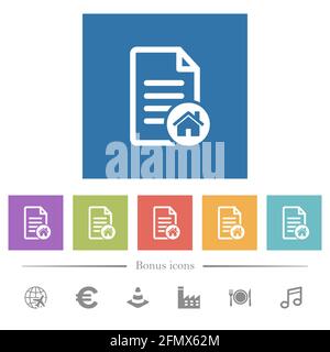 Default document flat white icons in square backgrounds. 6 bonus icons included. Stock Vector