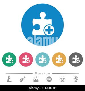 Add new plugin flat white icons on round color backgrounds. 6 bonus icons included. Stock Vector