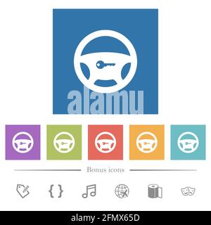 Steering lock flat white icons in square backgrounds. 6 bonus icons included. Stock Vector