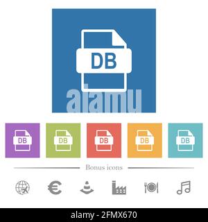 DB file format flat white icons in square backgrounds. 6 bonus icons included. Stock Vector