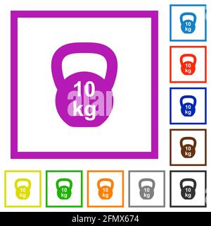 Kettlebel 10 Kg flat color icons in square frames on white background Stock Vector