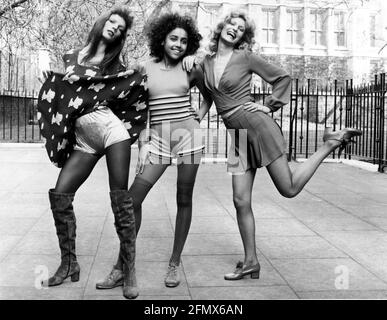 fashion, 1970s, ladies' fashion, three women in hot pants, designed by Mary Quant, autumn collection, ADDITIONAL-RIGHTS-CLEARANCE-INFO-NOT-AVAILABLE Stock Photo