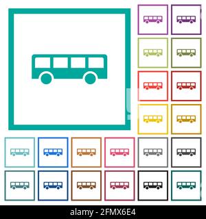 Bus flat color icons with quadrant frames on white background Stock Vector