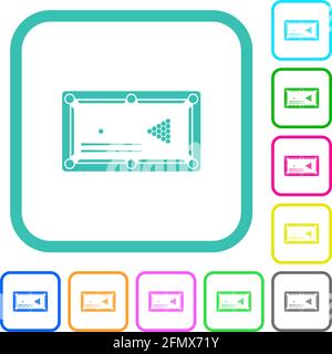 Billiard game with balls and cues vivid colored flat icons in curved borders on white background Stock Vector