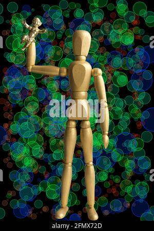 Allien with golden angel in hand Stock Photo