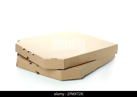 Paper pizza boxes isolated on white background Stock Photo
