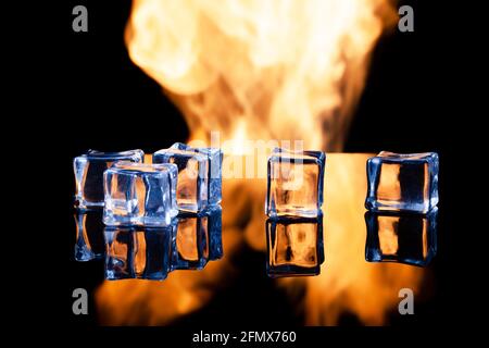 five ice cubes on a black background, place under the text Stock Photo
