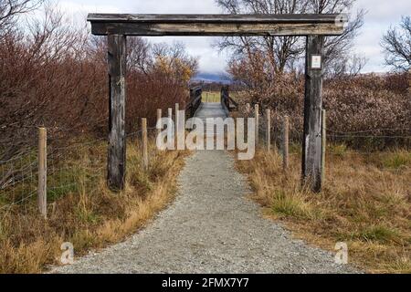Entrance to the Fokstumyra Nature Reserve in late autumn. Dovre Nationalpark,  Innlandet, Norway Stock Photo